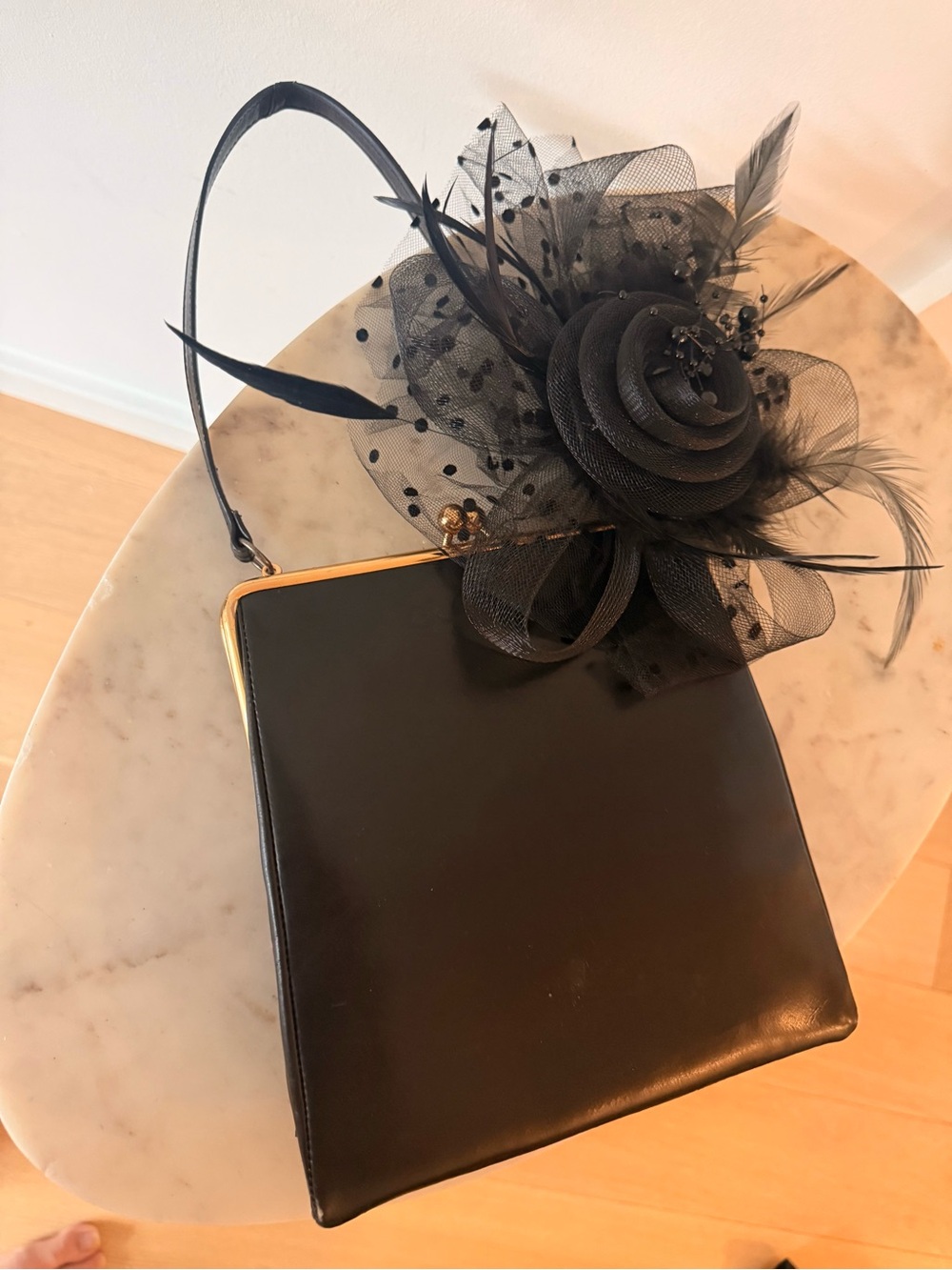 Black Mini Top-Handle Bag with Floral Fascinator